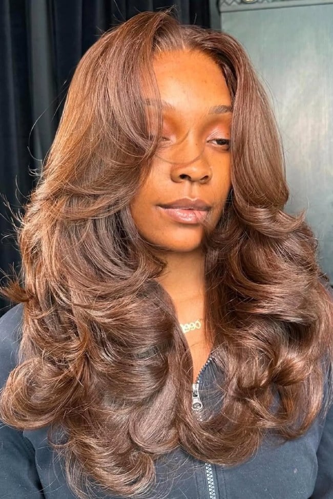 Mid-Back Chestnut Brown Blowout With Voluminous Curls Mid-Back Chestnut Brown Blowout With Voluminous Curls — Classy 90s Blowout Hair