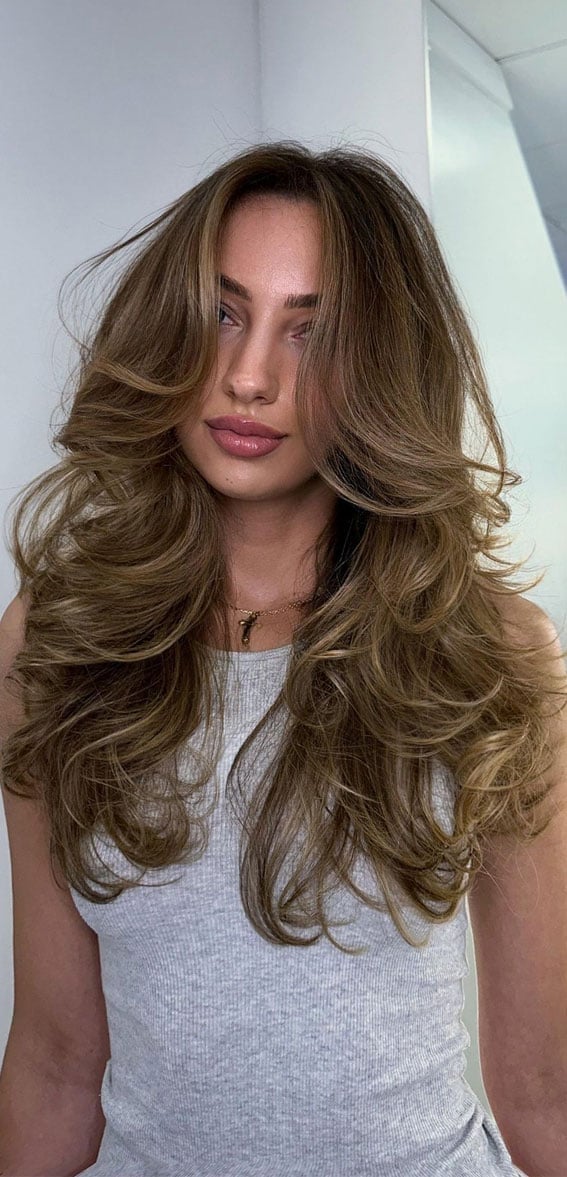 Long Brown Butterfly Cut Blowout With Blonde Highlights Long Brown Butterfly Cut Blowout With Blonde Highlights — Classy 90s Blowout Hair