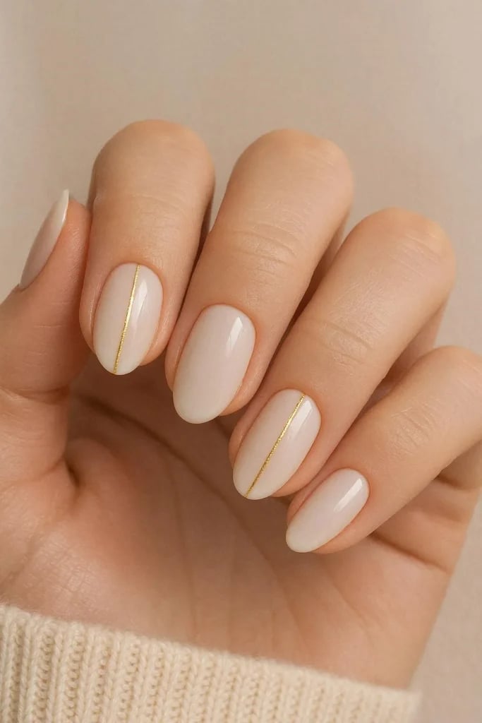 Medium Oval Neutral Beige Gold Line Medium Oval Neutral Beige Gold Line — Classy Acrylic Nails
