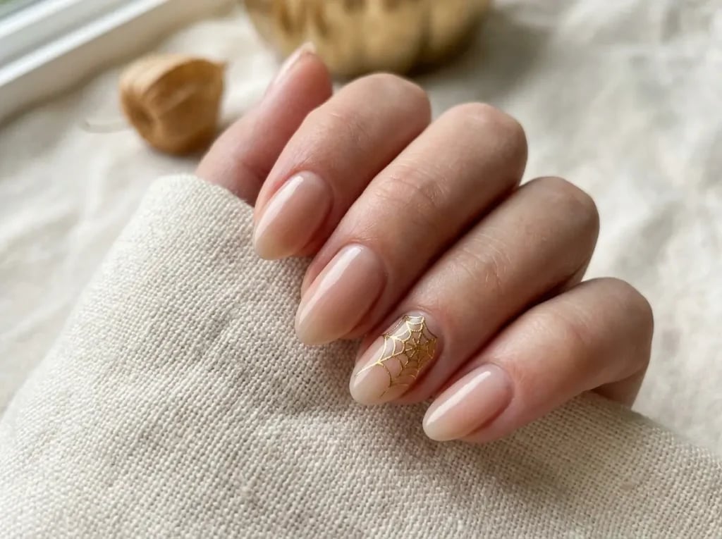 Short Oval Sheer Nude Gold Spiderweb Short Oval Sheer Nude Gold Spiderweb — Classy Acrylic Nails