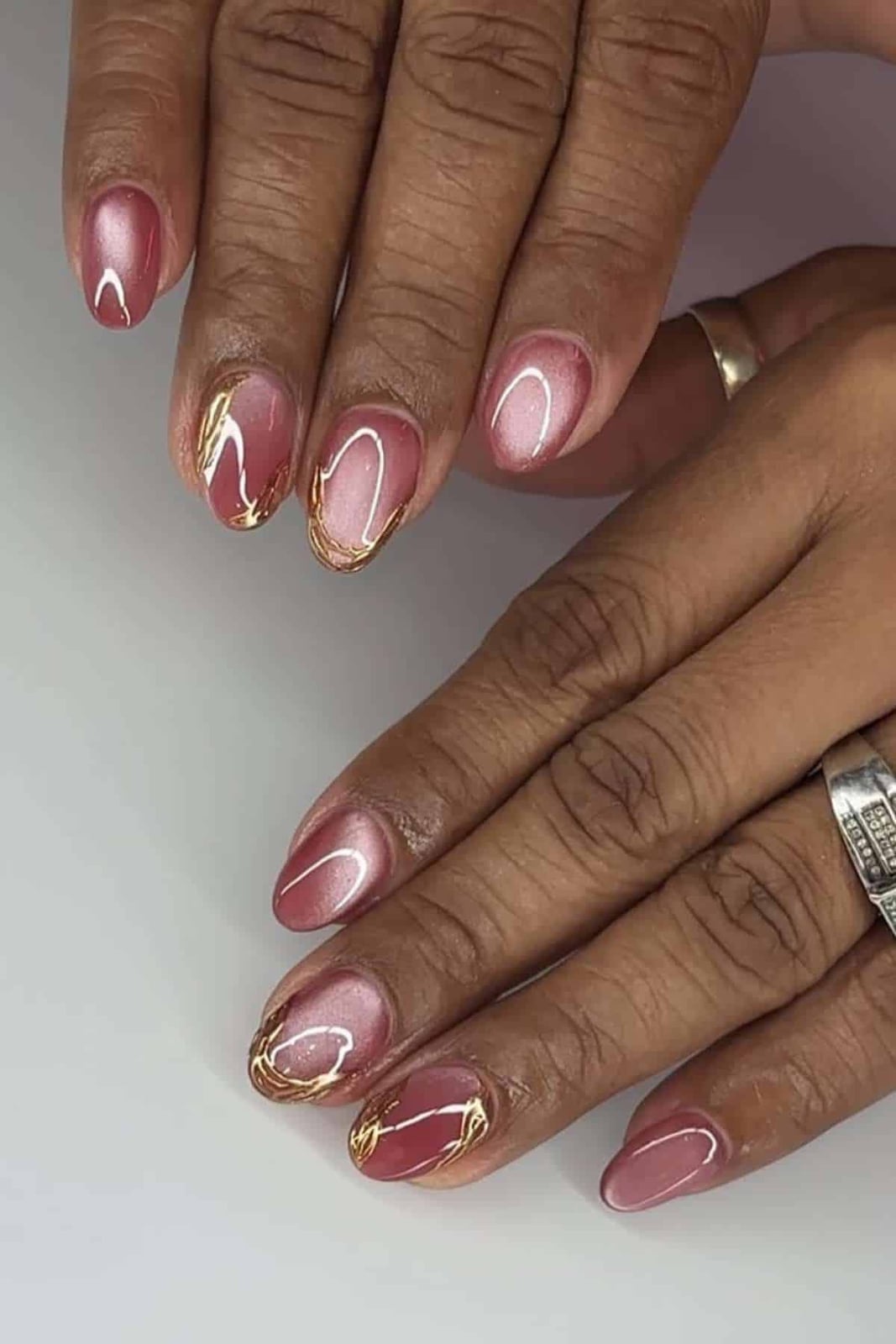 Medium Almond Pink Peach Cat-Eye Foil Medium Almond Pink Peach Cat-Eye Foil — Classy Acrylic Nails