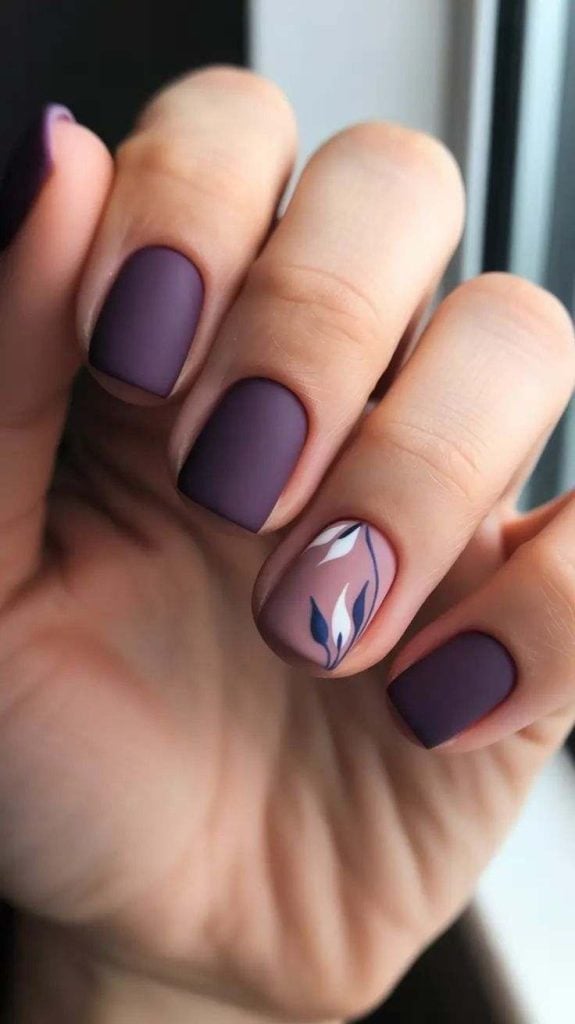 Short Square Matte Plum Floral Nails Short Square Matte Plum Floral Nails — Classy Acrylic Nails
