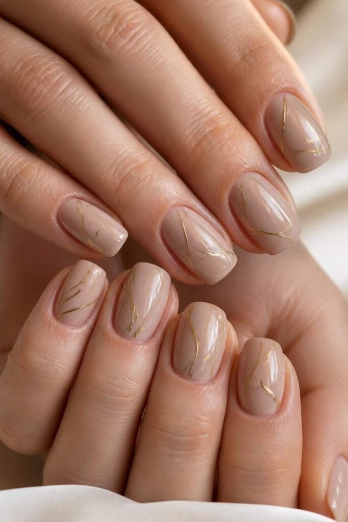 Short Oval Beige Nude Gold Line Nails Short Oval Beige Nude Gold Line Nails — Classy Acrylic Nails