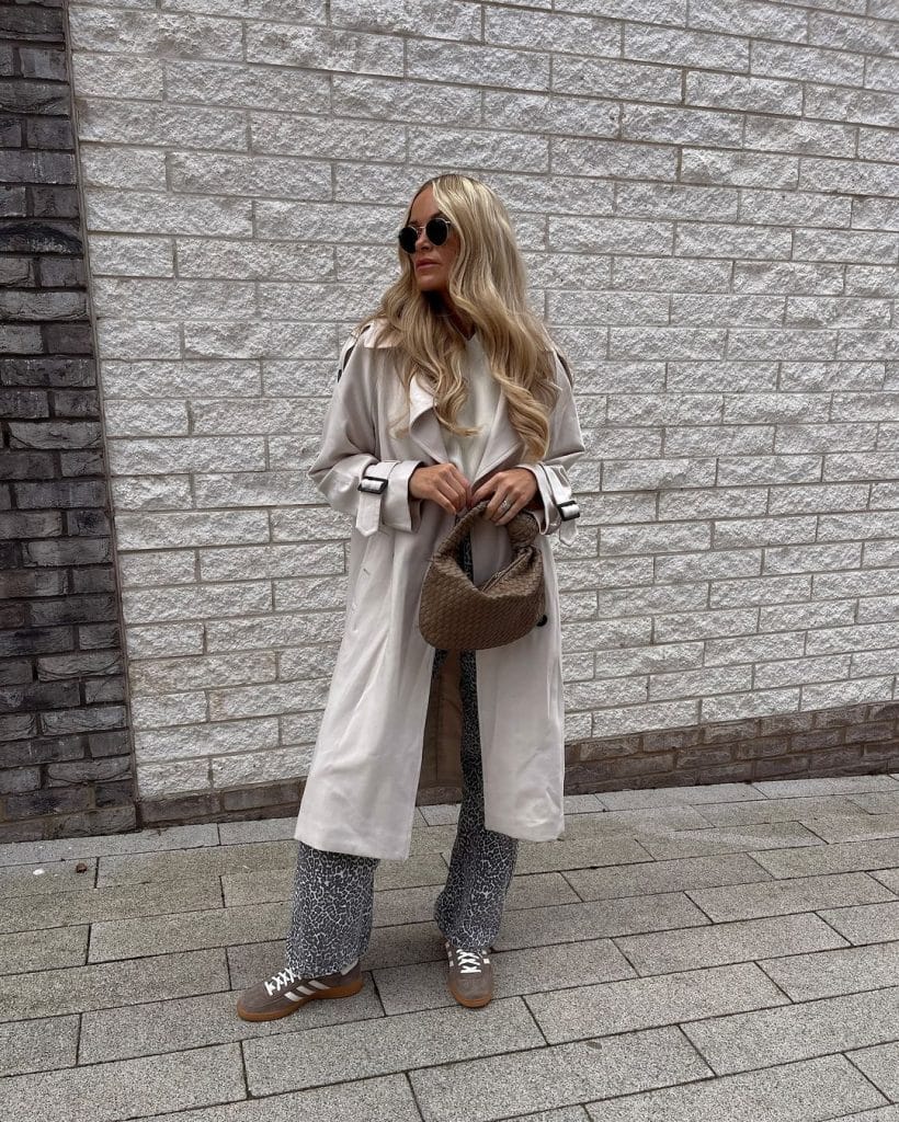 Beige Trench Coat with Patterned Trousers and Grey, Close-Up Take — Classy Adidas Samba Outfits