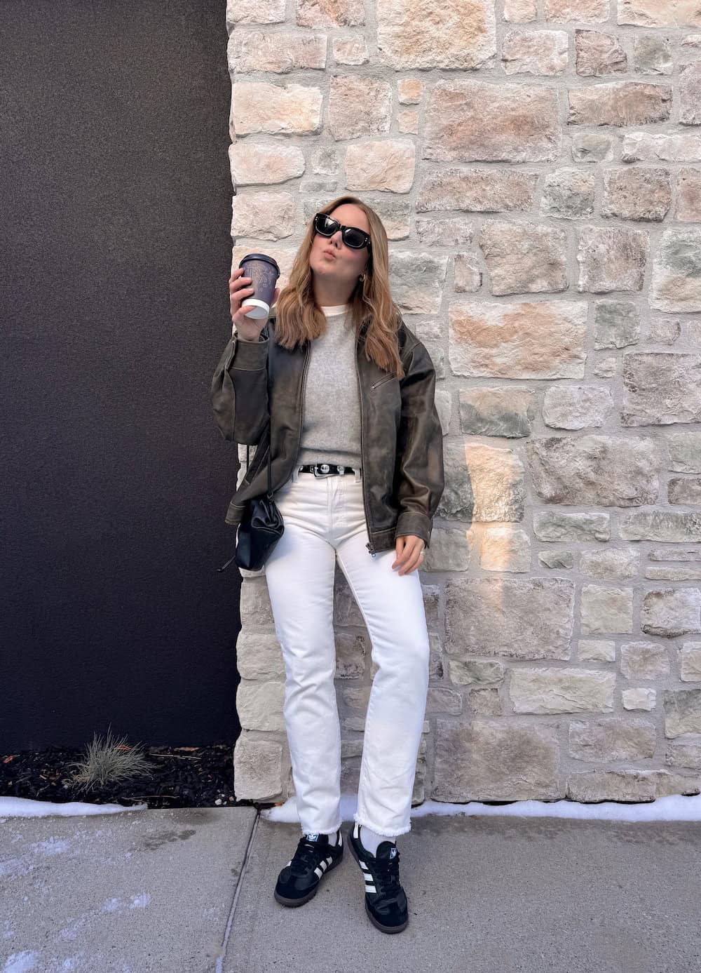 Textured Jacket with Straight Leg Jeans and Black, Close-Up Take — Classy Adidas Samba Outfits
