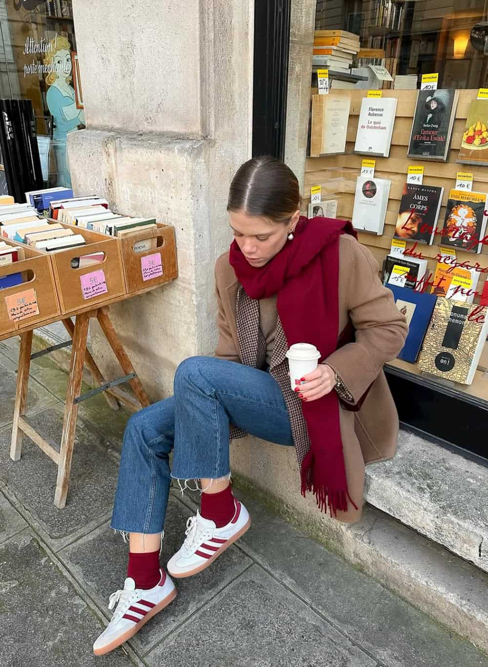 Brown Coat with Red Scarf and White Adidas Samba, Close-Up Take — Classy Adidas Samba Outfits