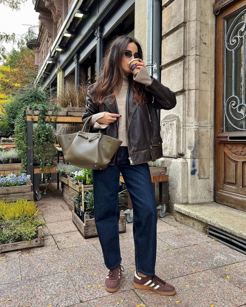Brown Leather Jacket with Relaxed Fit Jeans and Brown Adidas Sambas — Classy Adidas Samba Outfits