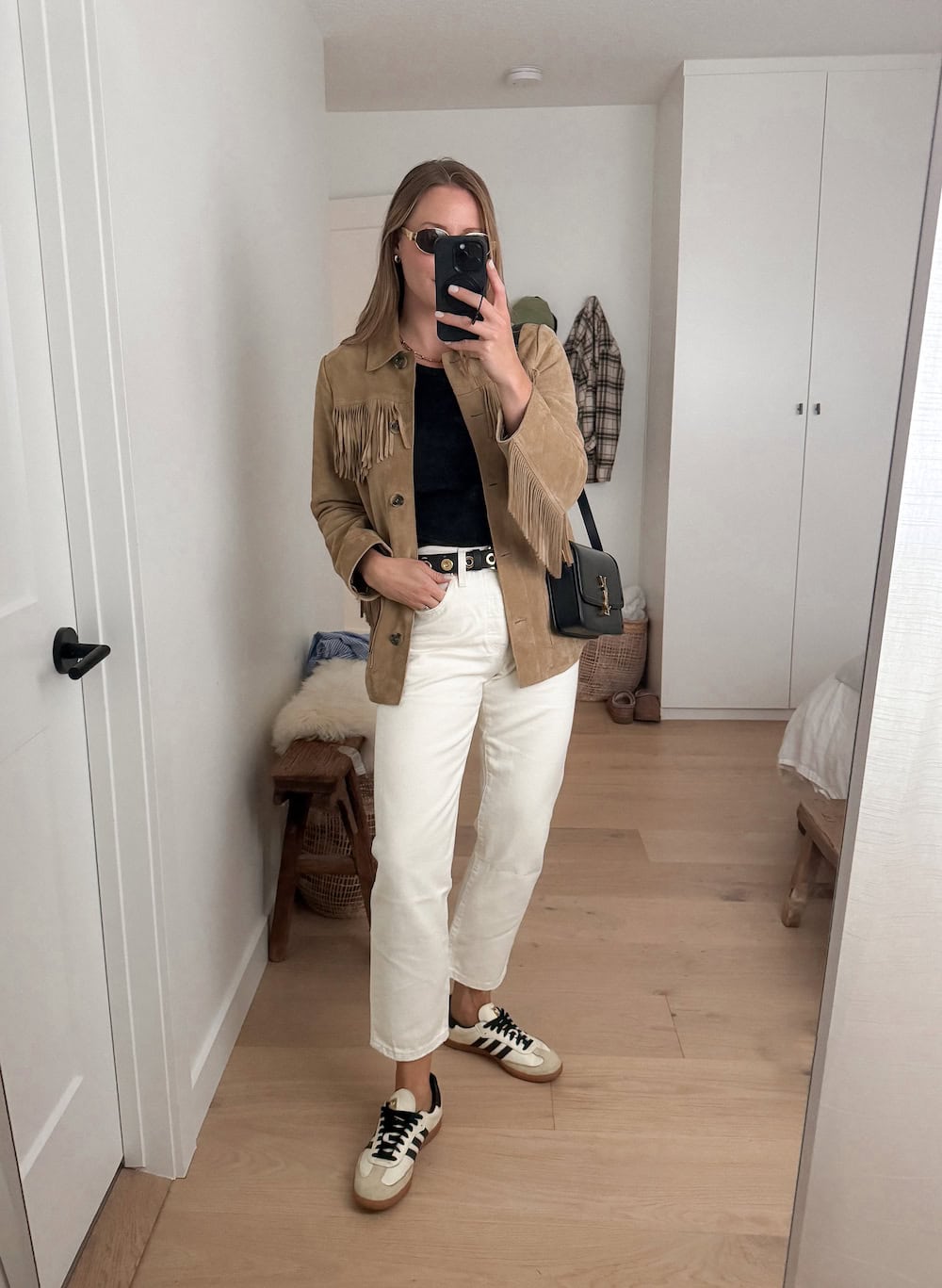 Tan Suede Fringe Jacket with Straight Leg Jeans and Black Adidas Samba — Classy Adidas Samba Outfits