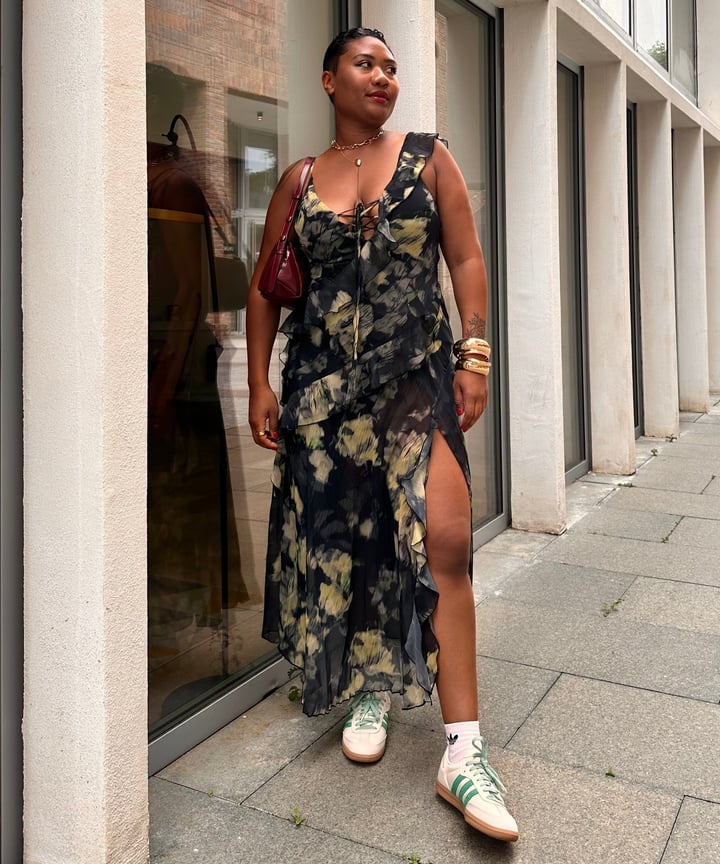 Floral Print Dress with White Adidas Samba Sneakers — Classy Adidas Samba Outfits