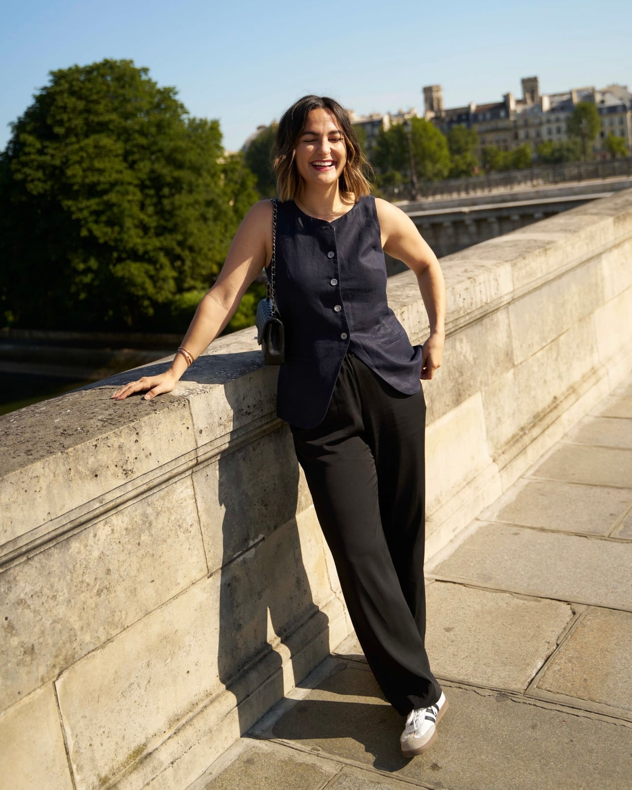 Navy Vest with Black Wide Leg Trousers and White Adidas Samba Sneakers — Classy Adidas Samba Outfits