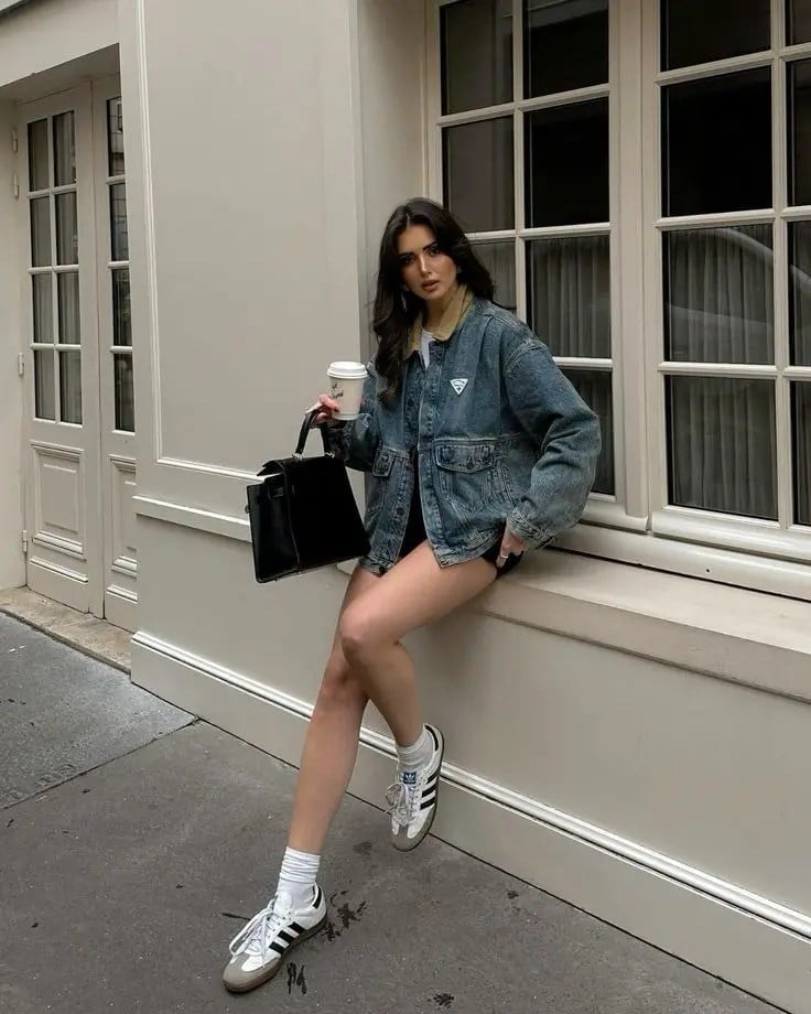 Denim Jacket with Black Shorts and White Adidas Samba Sneakers — Classy Adidas Samba Outfits