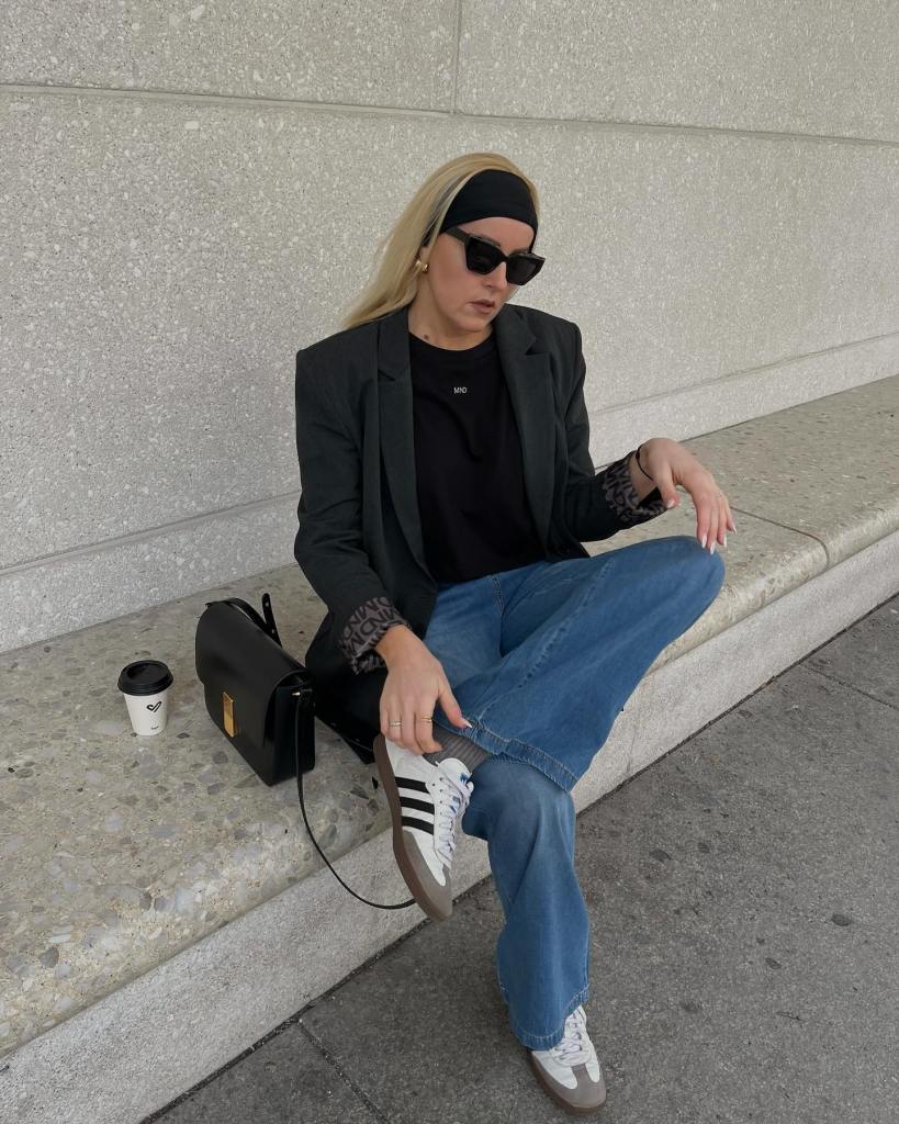 Dark Grey Blazer with Wide Leg Jeans and White Adidas Samba Sneakers — Classy Adidas Samba Outfits