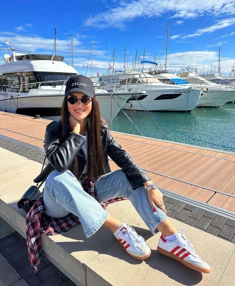 Black Leather Jacket with Plaid Shirt and Straight Leg Jeans and White — Classy Adidas Samba Outfits