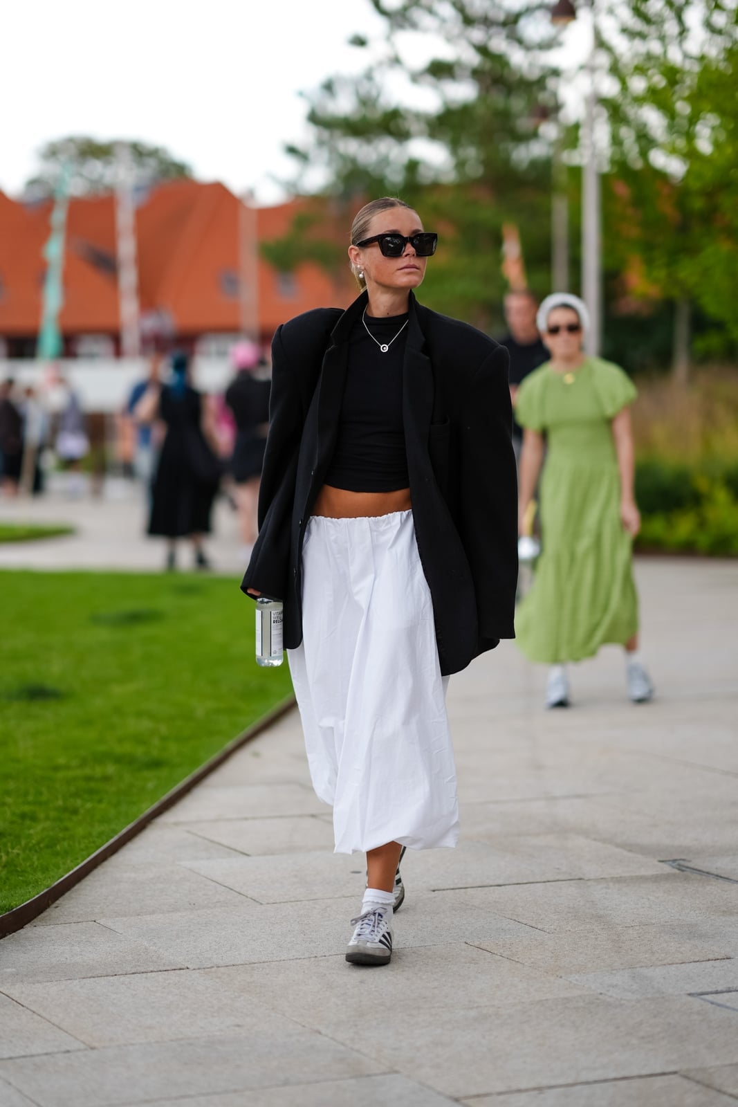 Oversized Blazer and Voluminous White Midi Skirt with Grey Adidas — Classy Adidas Samba Outfits