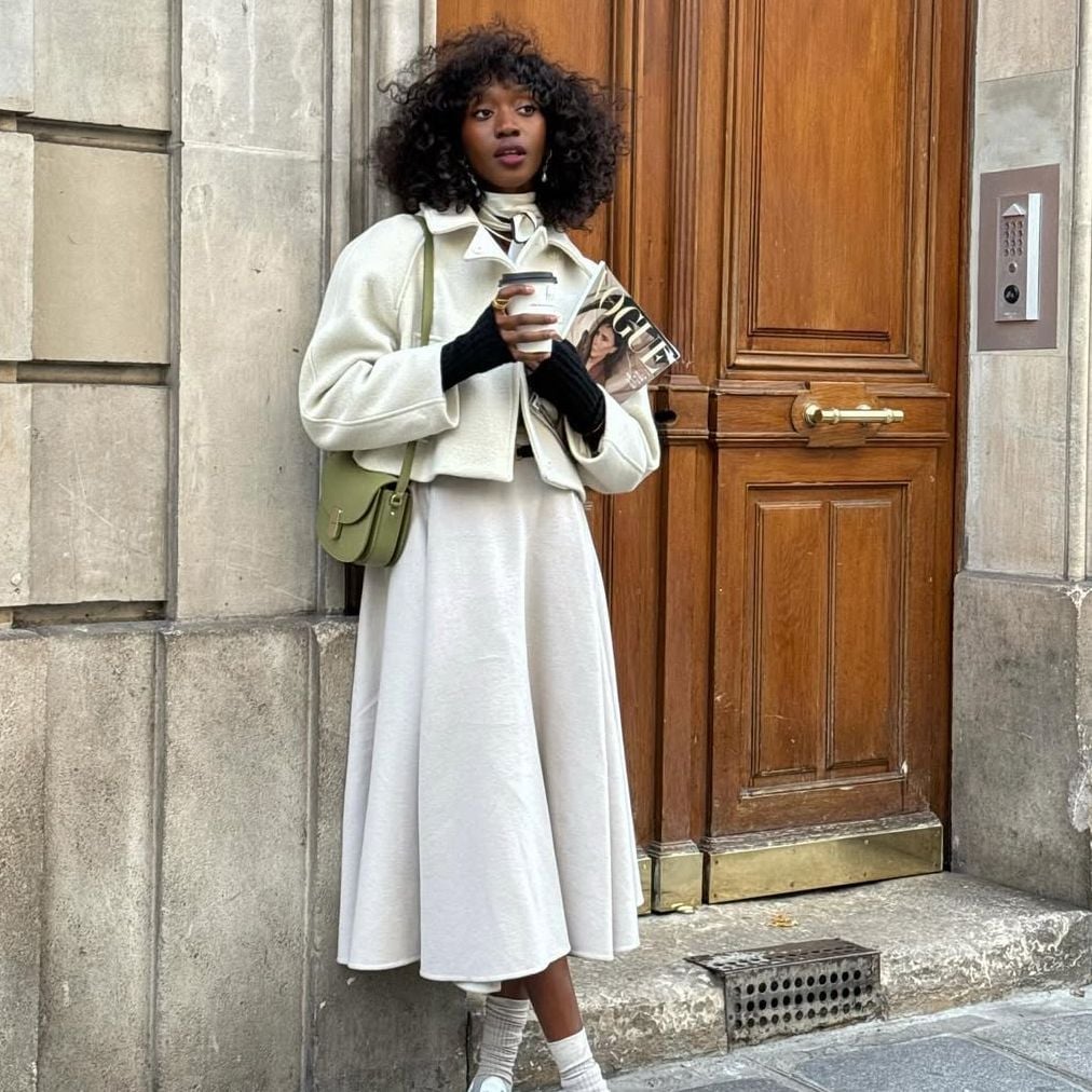 Cream Cropped Jacket with A-line Midi Skirt and White Adidas Sambas — Classy Adidas Samba Outfits