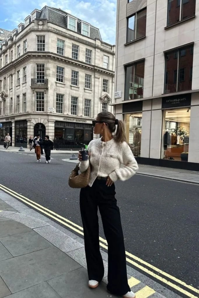 Textured Cream Cardigan with Black Wide-Leg Trousers and White Adidas — Classy Adidas Samba Outfits