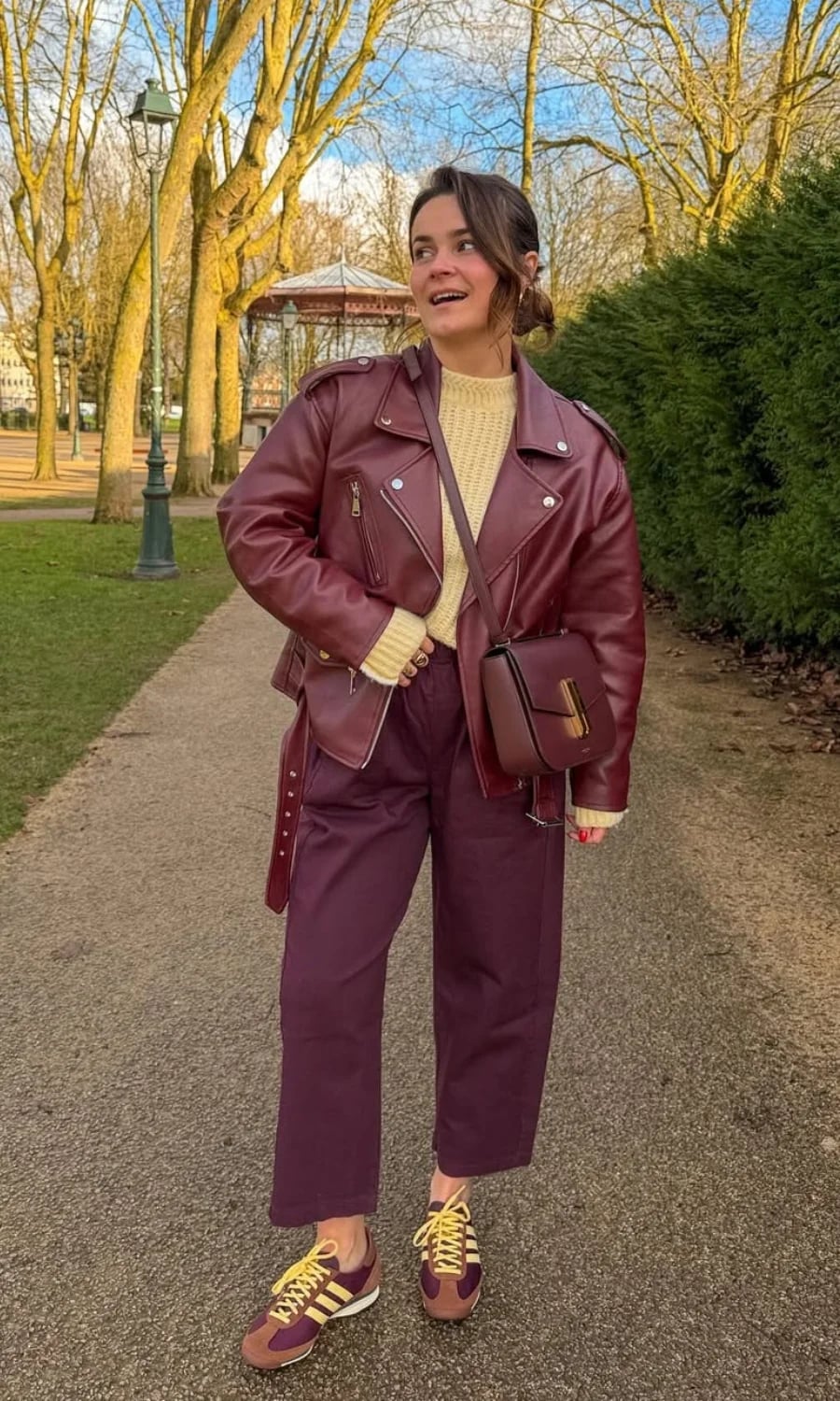 Burgundy Leather Moto Jacket with Straight-Leg Trousers and Colorful — Classy Adidas Samba Outfits