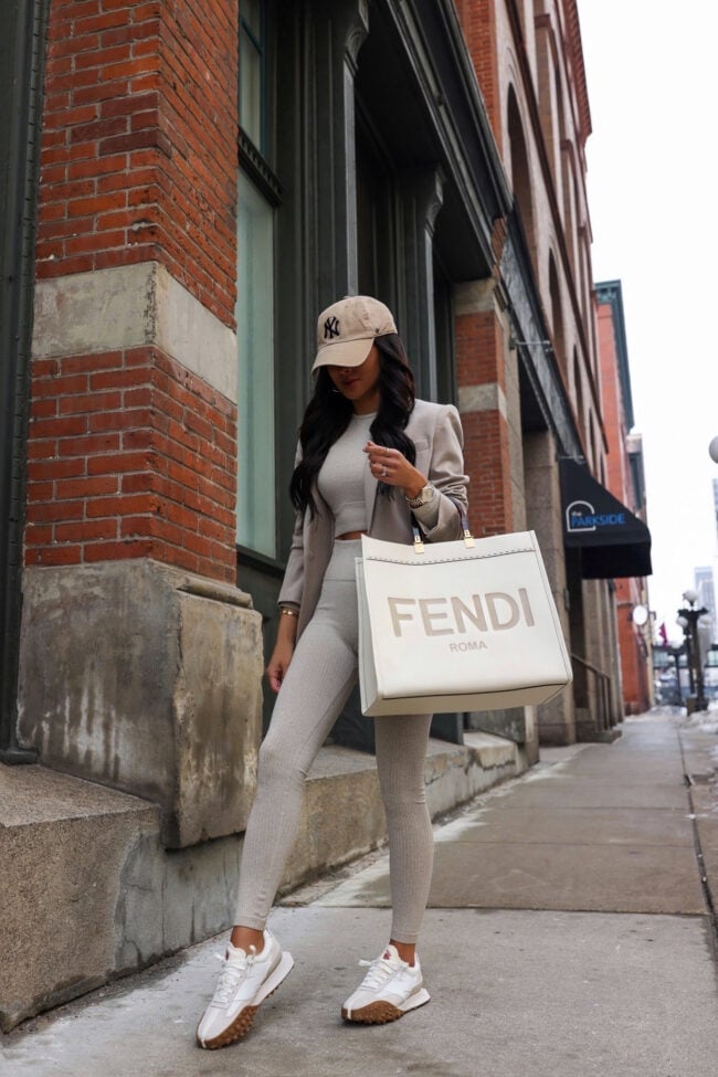 Ribbed Knit Set Oversized Blazer Tan Cap Ribbed Knit Set Oversized Blazer Tan Cap — Classy Airport Outfits