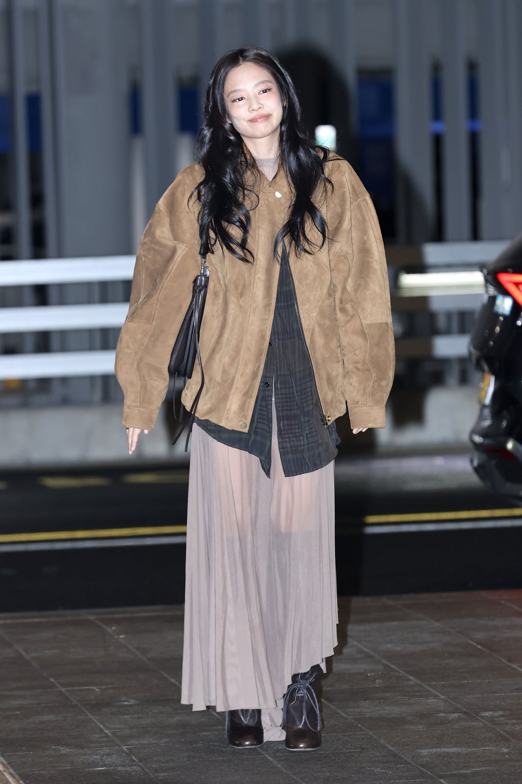 Suede Jacket Plaid Shirt Pleated Skirt Airport Suede Jacket Plaid Shirt Pleated Skirt Airport — Classy Airport Outfits