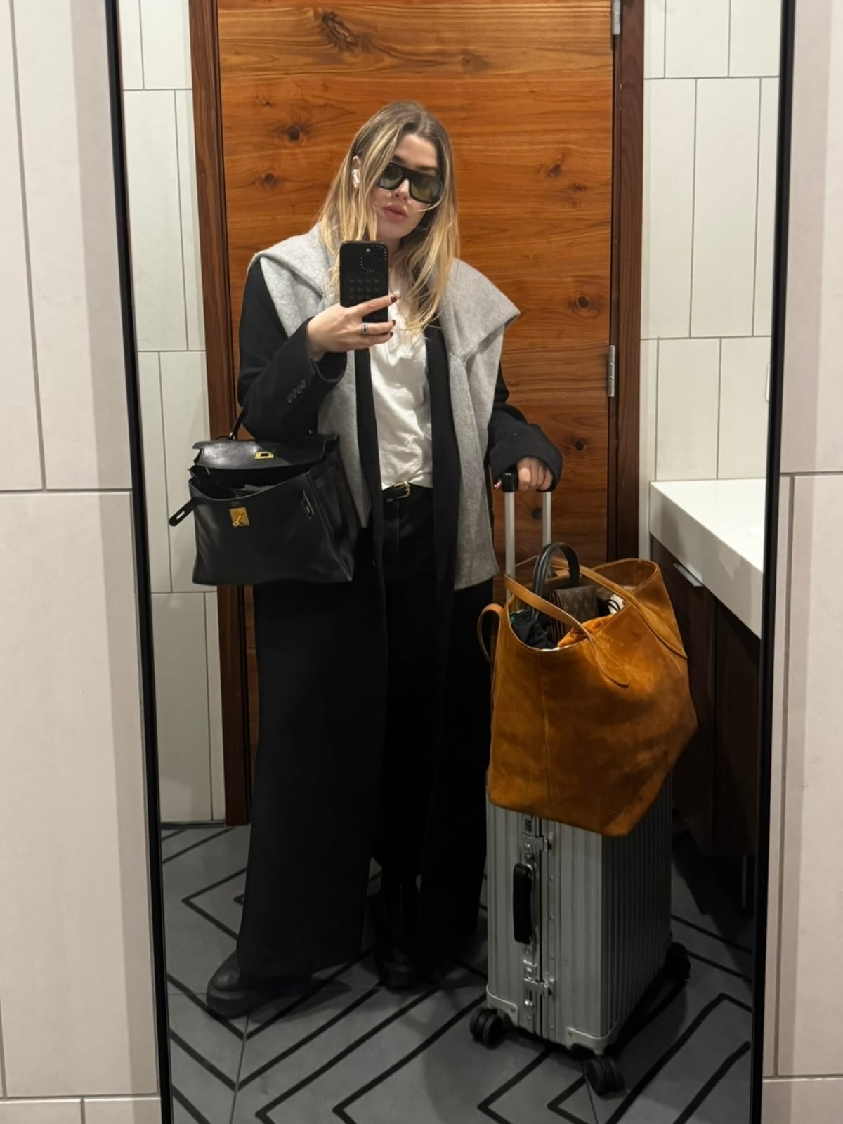 Black Coat Wide Trousers Hooded Scarf Travel Black Coat Wide Trousers Hooded Scarf Travel — Classy Airport Outfits