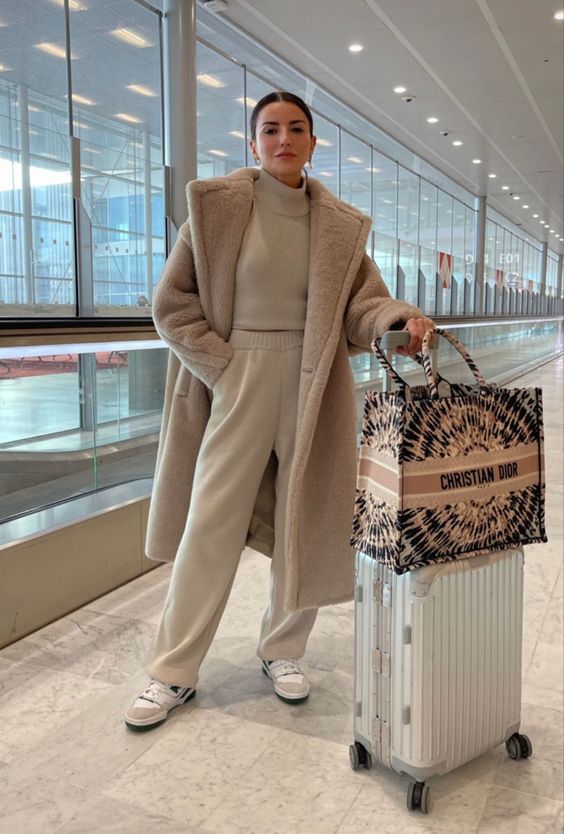 Teddy Coat Knit Turtleneck Wide Leg Pants Travel Ready Teddy Coat Knit Turtleneck Wide Leg Pants Travel Ready — Classy Airport Outfits