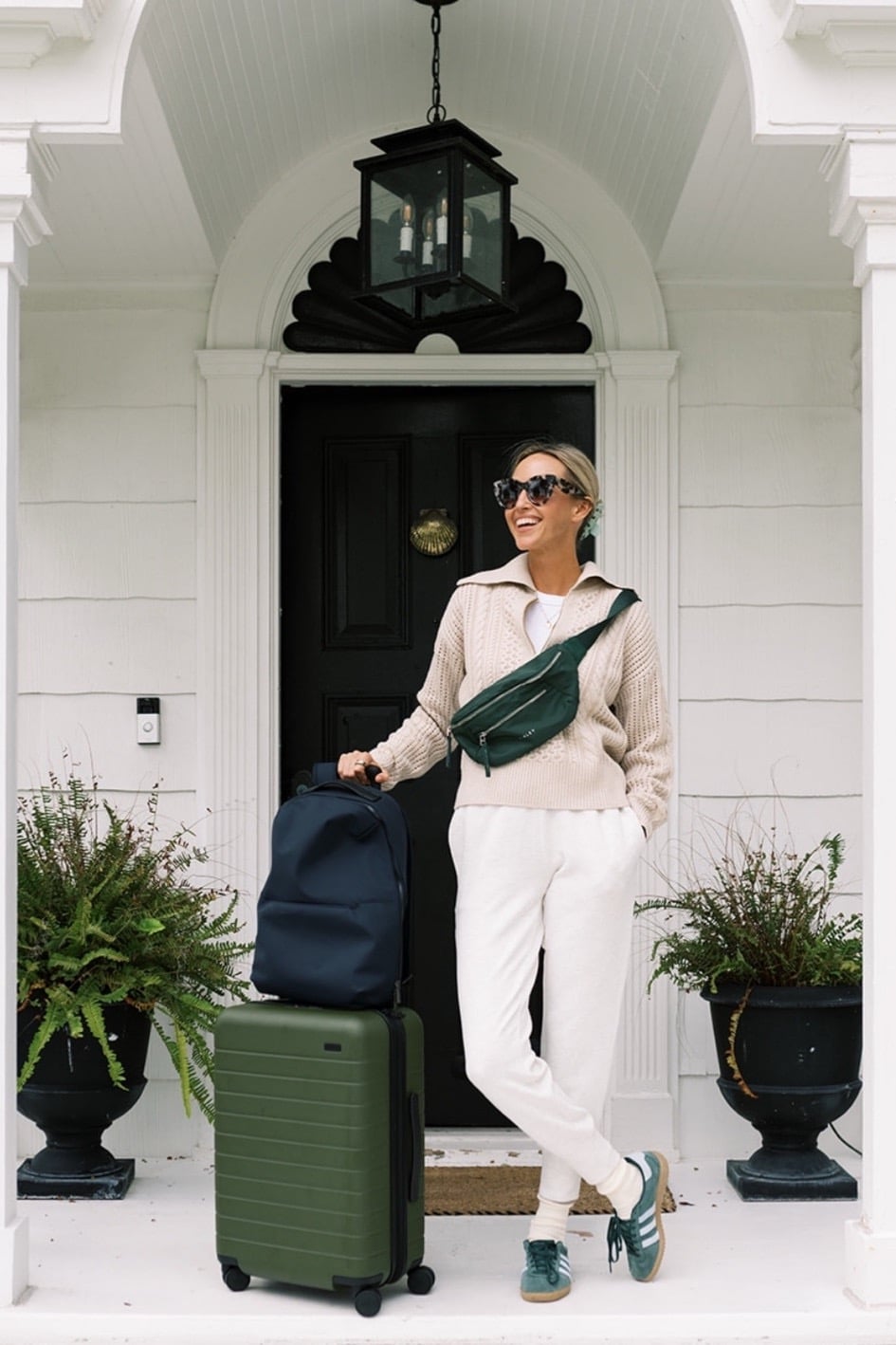 Cable Knit Sweater White Joggers Green Accents Cable Knit Sweater White Joggers Green Accents — Classy Airport Outfits