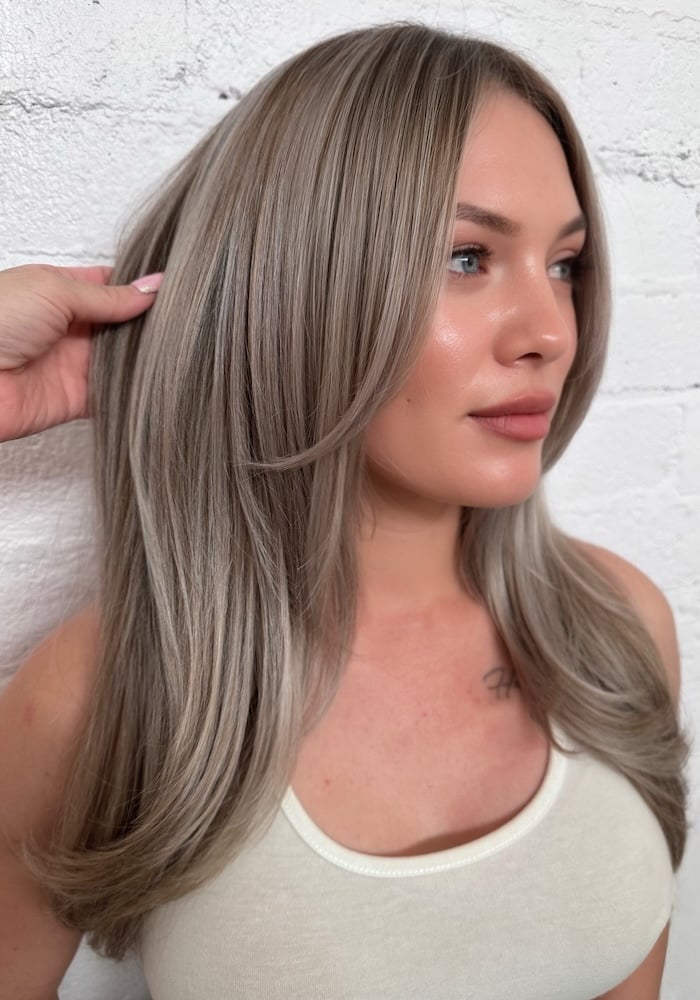 Mid-Back Straight Ash Blonde With Root Shadow, Layers Mid-Back Straight Ash Blonde With Root Shadow, Layers — Classy Ash Blonde