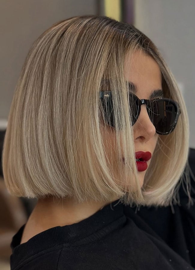 Chin Length Blunt Bob With Dark Roots Chin Length Blunt Bob With Dark Roots — Classy Ash Blonde