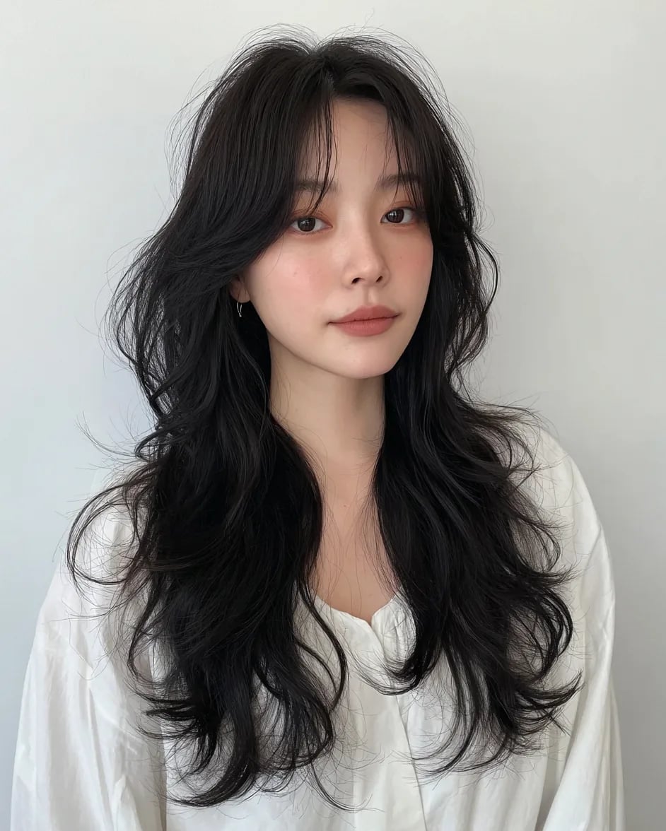 Mid Back Length Long Layers With Curtain Bangs, Dark Brown — Classy Asian Haircuts