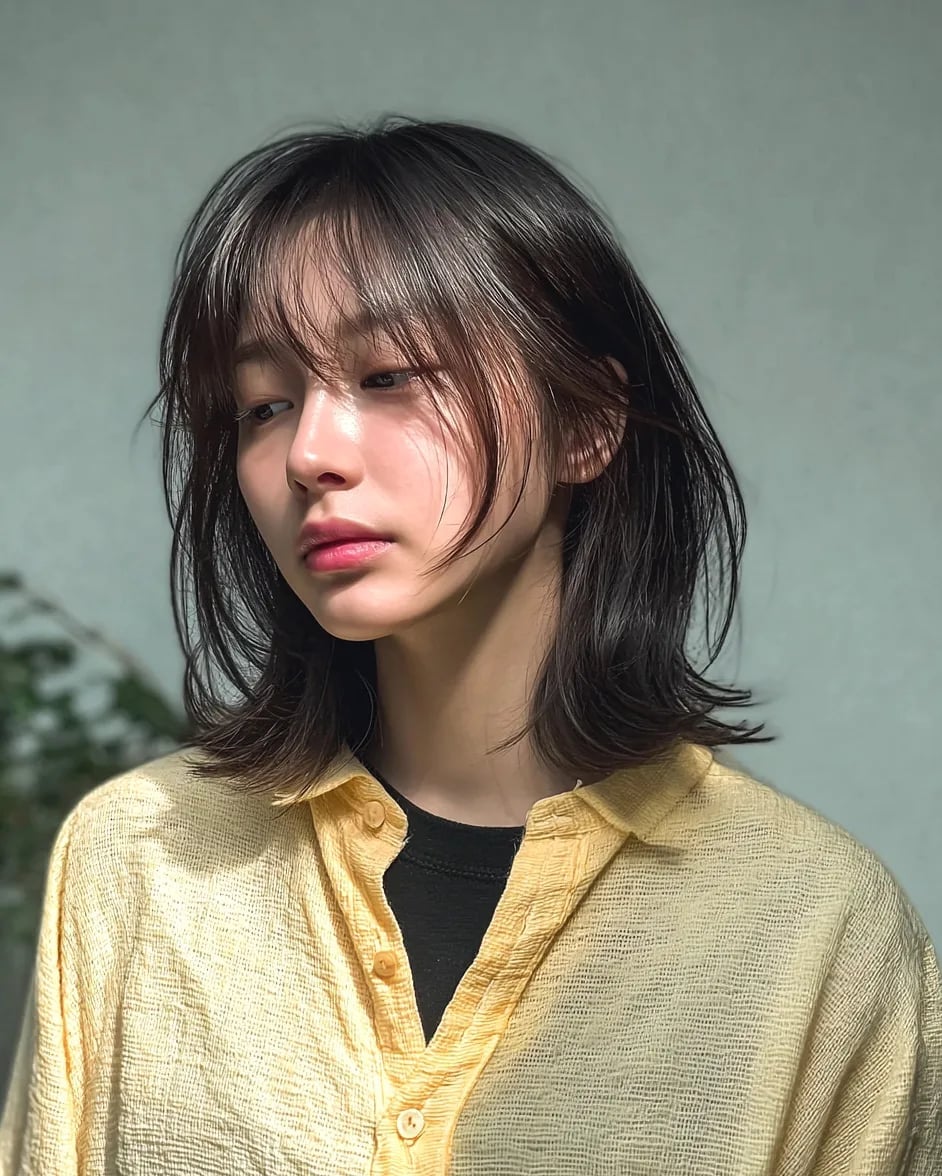 Collarbone Lob With Wispy Bangs, Dark Brown — Classy Asian Haircuts