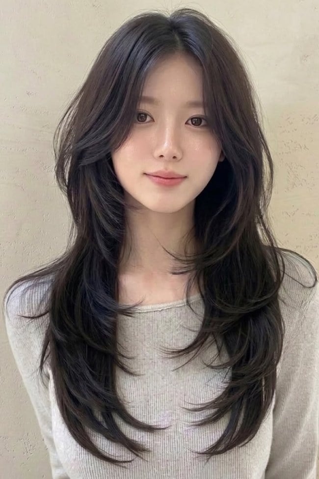 30 Cute Korean Long Layers Hairstyles : Dark Ash Brown Butterfly Layers for a Smaller-Looking Face