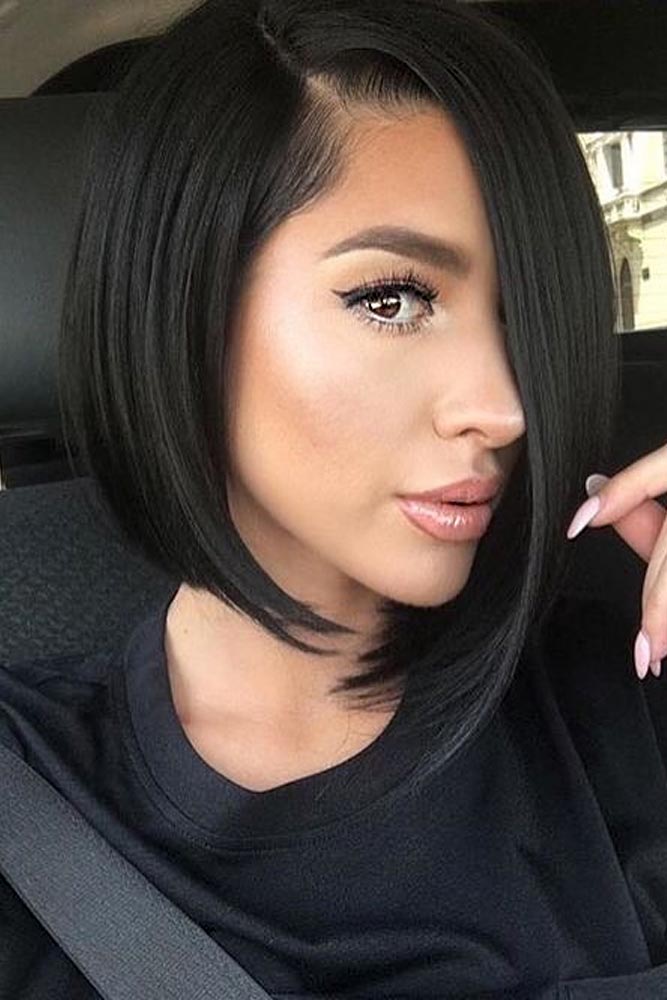 Wavy Dark Brown Bob With Side Fringe Wavy Dark Brown Bob With Side Fringe — Classy Asymmetrical Bob