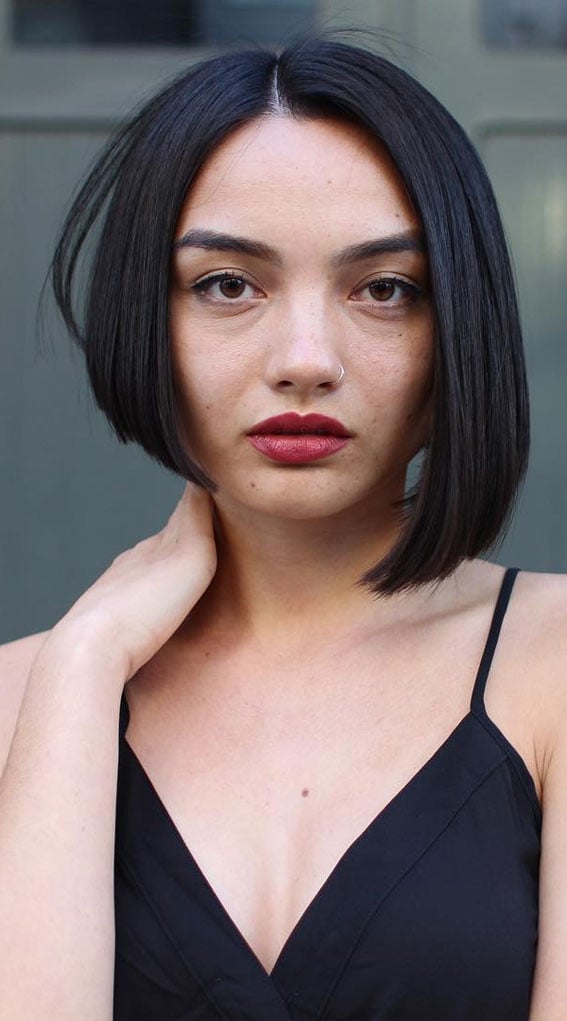 Fine Dark Brown Bob With Subtle Layers Fine Dark Brown Bob With Subtle Layers — Classy Asymmetrical Bob