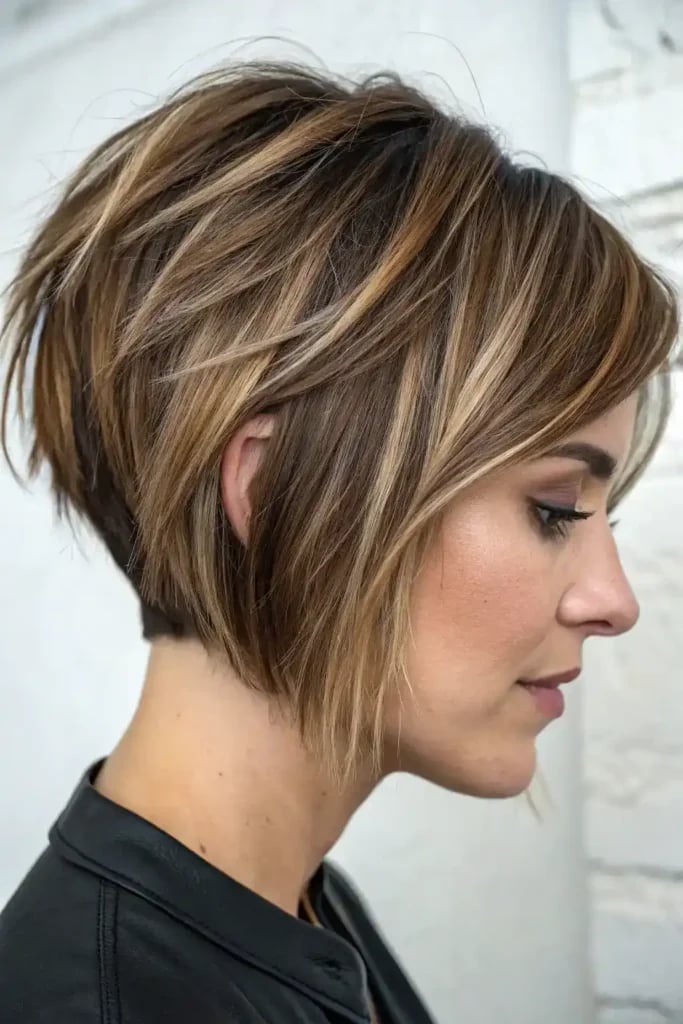Layered Pixie With Brown and Blonde Highlights Layered Pixie With Brown and Blonde Highlights — Classy Asymmetrical Pixie
