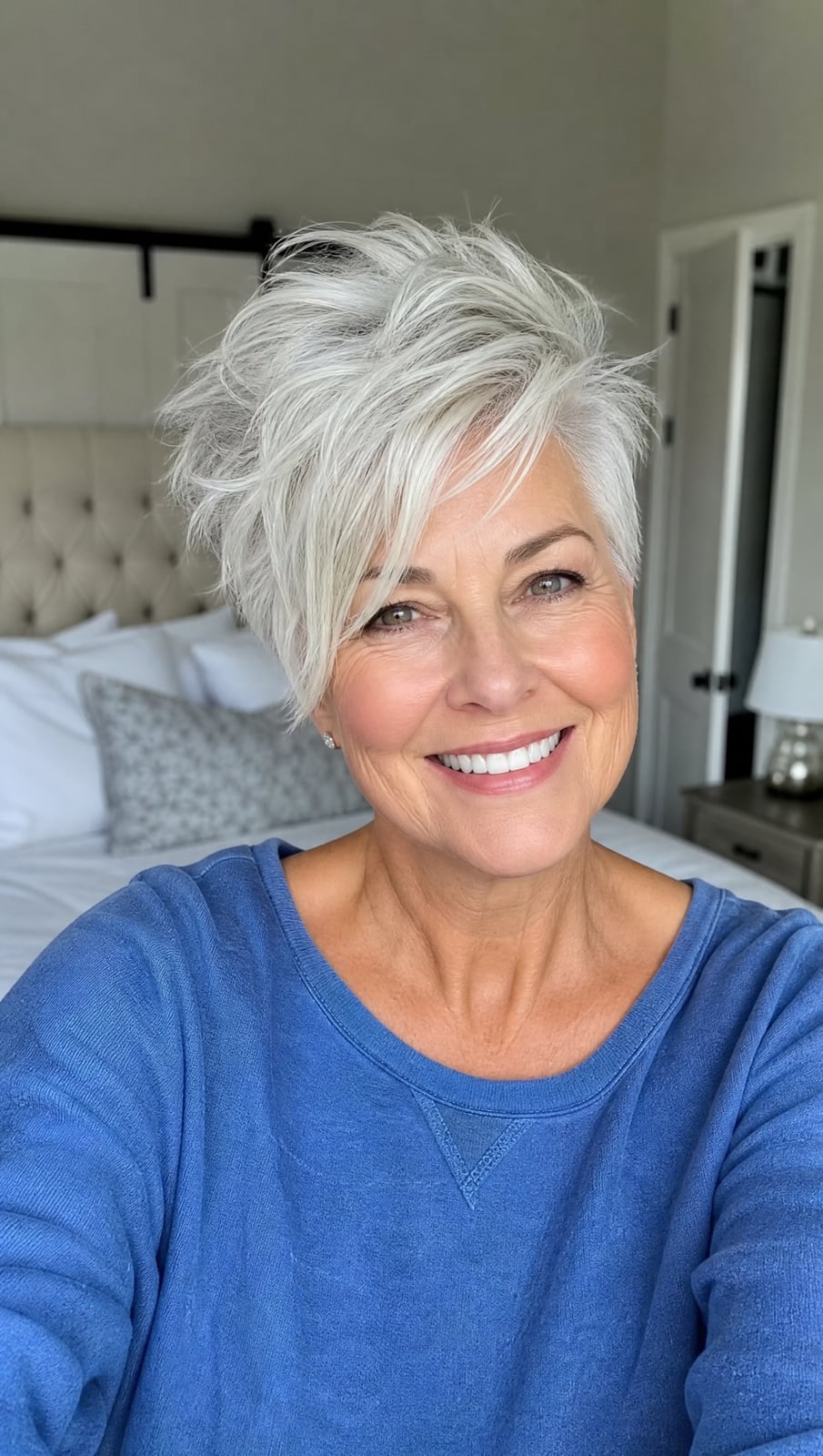 Silver Grey Pixie With Side-Swept Bangs Silver Grey Pixie With Side-Swept Bangs — Classy Asymmetrical Pixie