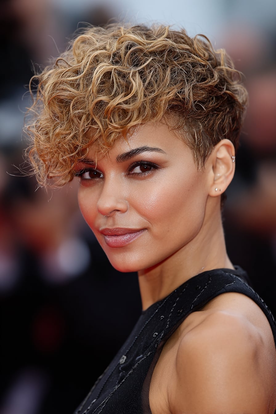 Curly Dark Pixie With Honey Blonde Highlights Curly Dark Pixie With Honey Blonde Highlights — Classy Asymmetrical Pixie