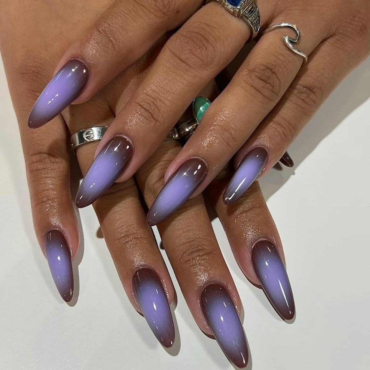 Long Stiletto Brown Lavender Shimmer Nails — Classy Aura Nails