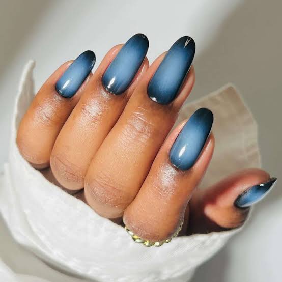 Long Stiletto Dark Blue White Gradient Nails — Classy Aura Nails