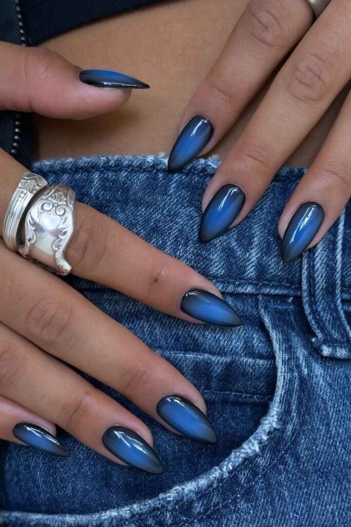 Long Stiletto Dark Blue Black Outline Nails — Classy Aura Nails