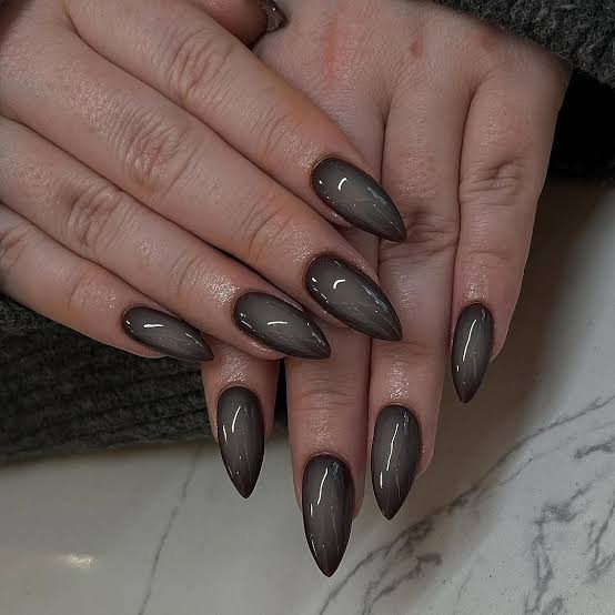 Long Stiletto Dark Brown Grey Gradient Nails — Classy Aura Nails