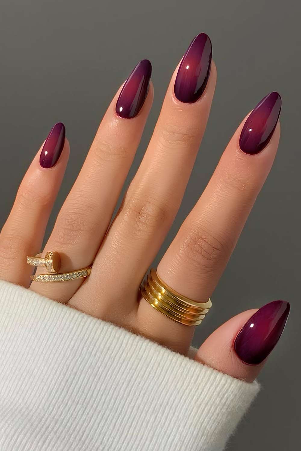 Long Sharp Burgundy Purple Gradient Nails — Classy Aura Nails