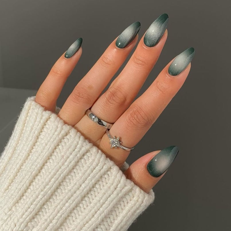 Medium Almond Dark Green White Gradient Nails — Classy Aura Nails