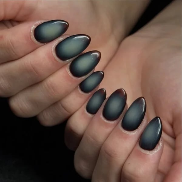 Medium Oval Dark Grey Light Green Gradient Nails — Classy Aura Nails