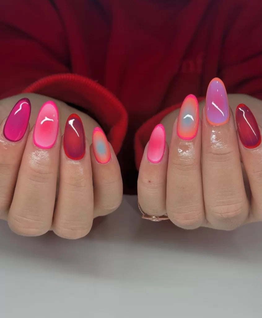 Medium Oval Pink Orange Red Gradient Nails — Classy Aura Nails