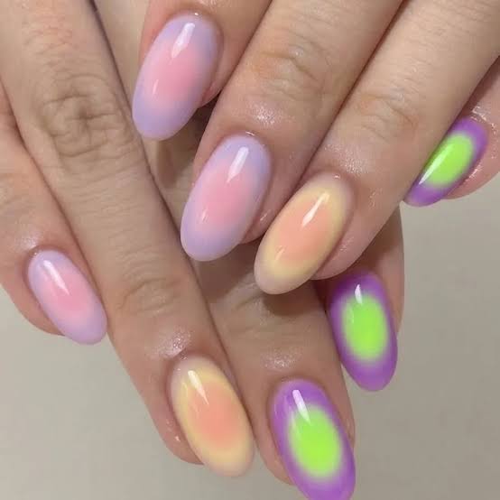 Medium Oval Pink Yellow Purple Green Gradient Nails — Classy Aura Nails