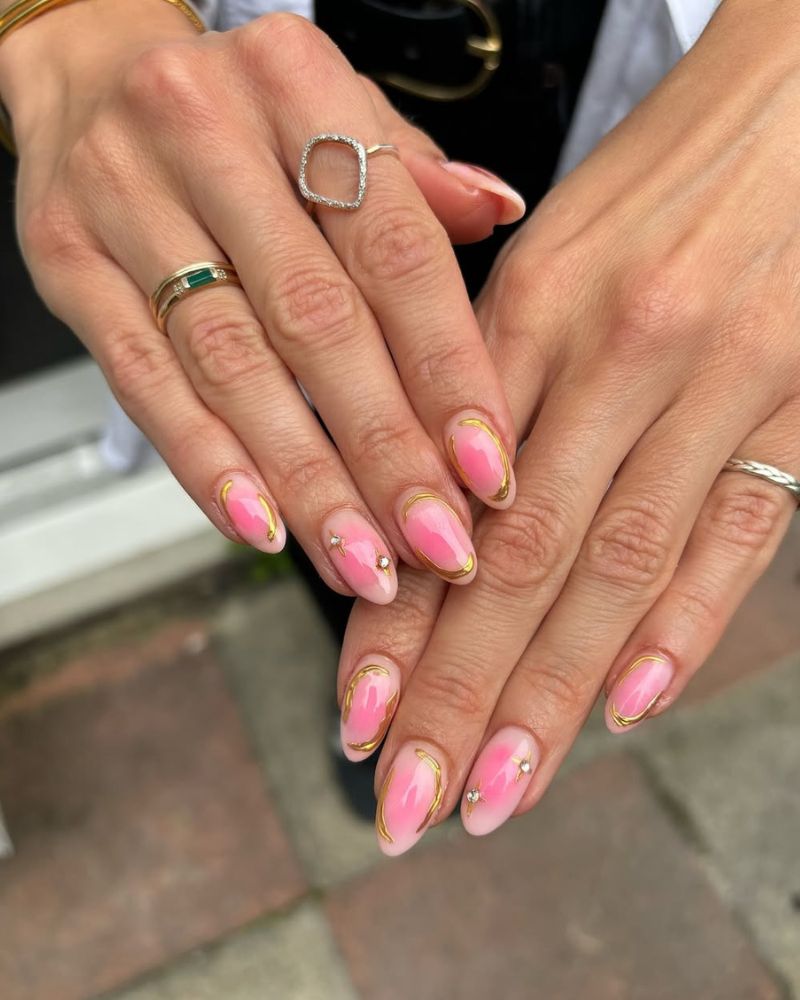 Medium Oval Pink Orange Yellow Gold Swirl Nails — Classy Aura Nails