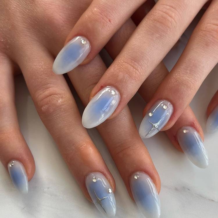 Medium Oval Light Blue White Pearl Silver Line Nails — Classy Aura Nails