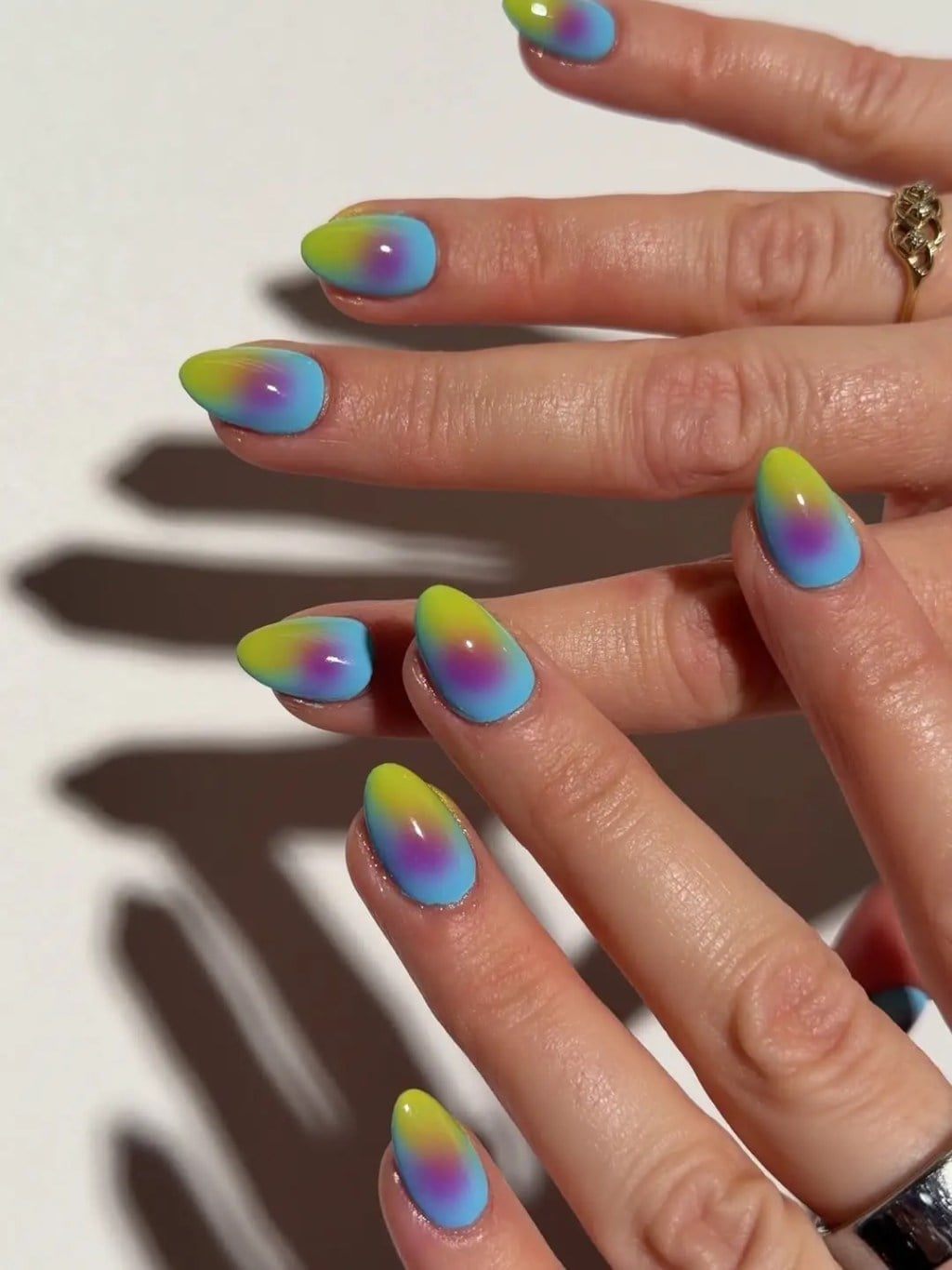 Medium Almond Blue Yellow Purple Gradient Nails — Classy Aura Nails
