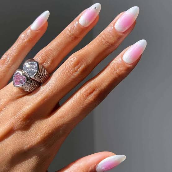 Long Almond Pink White Pearl Nails — Classy Aura Nails
