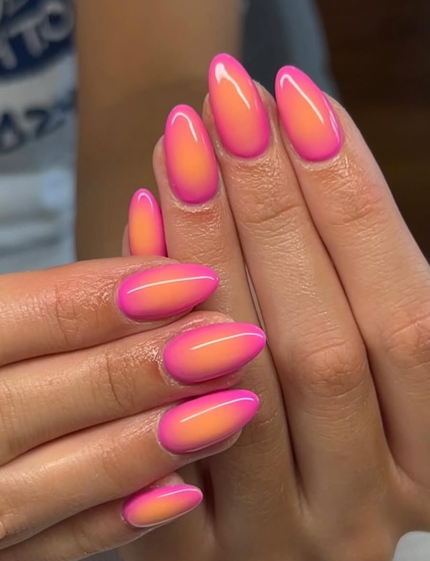 Medium Almond Hot Pink Orange Gradient Nails — Classy Aura Nails